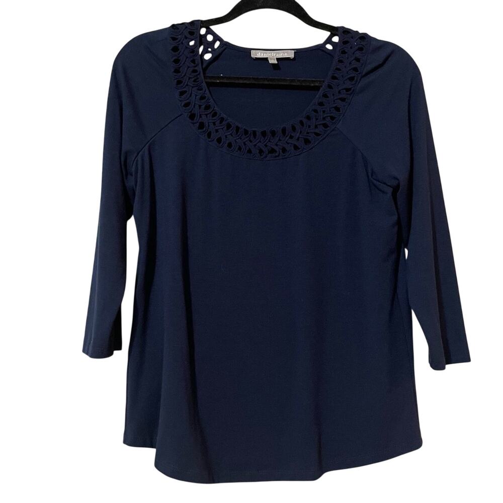 Daniel Rainn Navy Blue 3/4 Sleeve Crochet Neckline Blouse Womens 8 Boho Fall Top